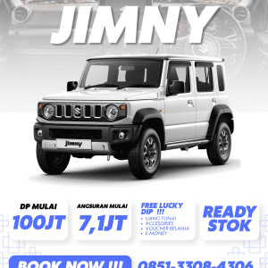 Suzuki Jimny 5 pintu warna krem tampil dari sudut depan kanan dalam materi promosi, menonjolkan desain tangguh dan fitur off-road 4WD.