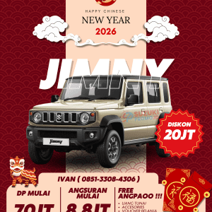 Suzuki Jimny 5 pintu warna krem tampil dari sudut depan kanan dalam materi promosi, menonjolkan desain tangguh dan fitur off-road 4WD.