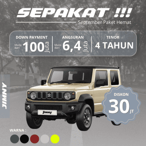 Suzuki Jimny 5 pintu warna krem tampil dari sudut depan kanan dalam materi promosi, menonjolkan desain tangguh dan fitur off-road 4WD.